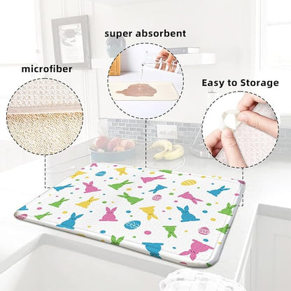 Easter Dish Drying Mat for Kitchen Counter 16''x18'' Microfiber Absorbent, Small & Compact Red Kitchen Draining Mat for Countertops Dish Drainer Mat Drying Pad Foldable Utensils, and Cookware - Image 4