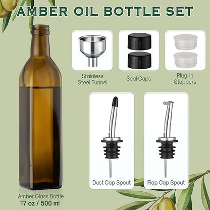 AOZITA 17oz Glass Olive Oil Dispenser - Oil and Vinegar Cruet Bottle with Stainless Steel Pourers - Funnel For Easy Refill - Olive Carafe Decanter for Kitchen - Image 2