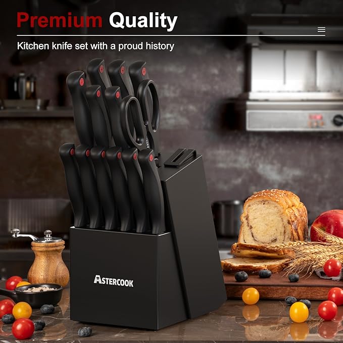 Knife Set, Astercook 15 Pieces Knife Sets for Kitchen with Block, Dishwasher Safe Kitchen Knife Set with Built in Sharpener Block, German Stainless Steel Knife Block Set, Mothers Day Gifts for Women - Image 6