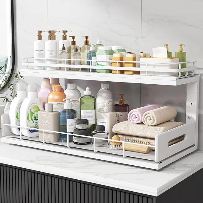 Under Sink Organizer Upgrade To Professional Rails,2-Tier Dual Pull Out Cabinet Storage,Height Adjustable Slide Out Drawers For Bathroom Kitchen,1 Pack-21"Dx12.8"-16.9"H,White - Image 8