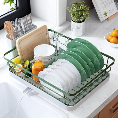 Kitsure Dish Drying Rack for Kitchen Counter, Stainless Steel Sink Organization and Storage Essentials with Cutlery Holder, Home and Appartment Decor, 12''W x 15.5''L, Green by Kitsure