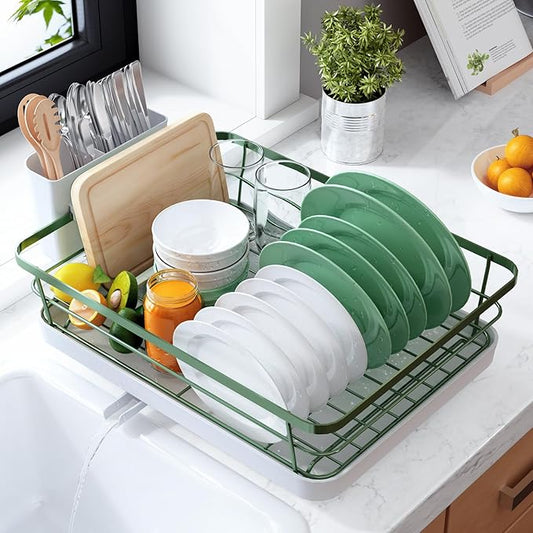 Kitsure Dish Drying Rack for Kitchen Counter, Stainless Steel Sink Organization and Storage Essentials with Cutlery Holder, Home and Appartment Decor, 12''W x 15.5''L, Green by Kitsure