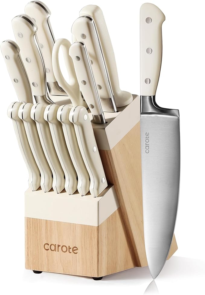 CAROTE 14 Pieces Knife Set with Block, Forged, High Carbon Stainless Steel Sharp Blade Block Knife Set, Dishwasher Safe Cutlery, Cream by CAROTE