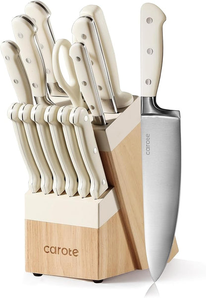 CAROTE 14 Pieces Knife Set with Block, Forged, High Carbon Stainless Steel Sharp Blade Block Knife Set, Dishwasher Safe Cutlery, Cream by CAROTE