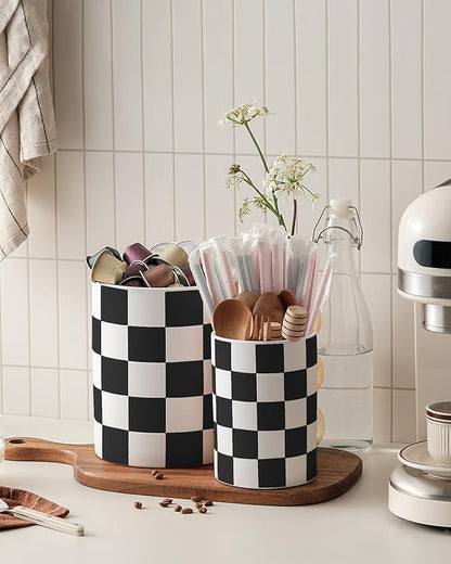 Checkered Kitchen Utensil Holder - 7.1"+5.8" Ceramic Utensil Crock for Countertop, Kitchen Decor and Accessories for counte (Black) - Image 6