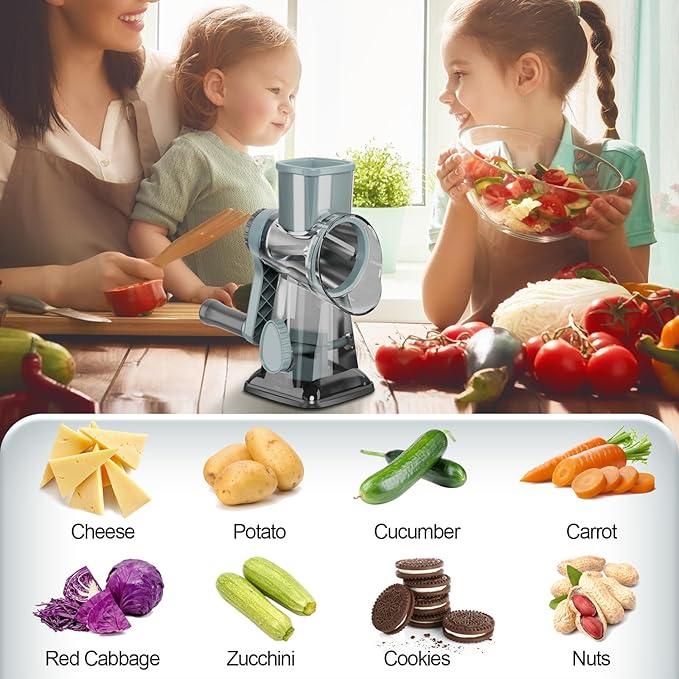 Cheese Grater Cheese Shredder with 3 Interchangeable Blades, Rotary Cheese Grater Manual Vegetable Slicer with Non-slip Suction Base Peanut Nuts Grinder Vegetable Shredder Clear - Image 7