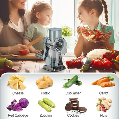 Cheese Grater Cheese Shredder with 3 Interchangeable Blades, Rotary Cheese Grater Manual Vegetable Slicer with Non-slip Suction Base Peanut Nuts Grinder Vegetable Shredder Clear - Image 7