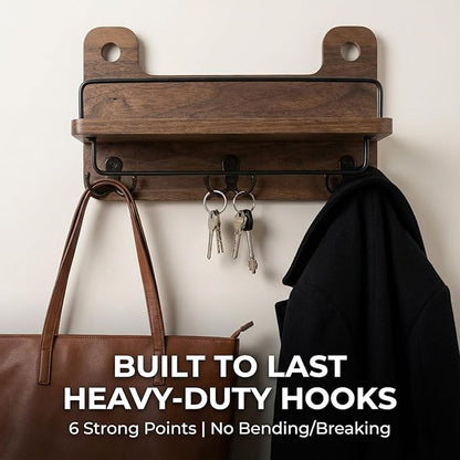 REFGY Key Holder for Wall with Shelf - 5.1" Deep Large Mail Organizer Wall Mount with 3 Heavy-Duty Dual Hooks & Safety Guardrail - Rustic Wood Wall Shelf for Entryway, Kitchen, Office
