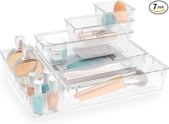 StorMiracle 7 PCS Clear Plastic Drawer Organizers Set, 4 Size Desk Drawer Organizer Trays for Makeup, Jewelry, Kitchen Utensils, Gadgets and Office Accessories by StorMiracle