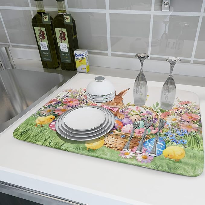 Easter Rabbit Eggs Dish Drying Mat for Kitchen Counter 18x24 Inch Spring Flowers Large Microfiber Dish Drainer Rack Mats - Image 6