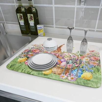 Easter Rabbit Eggs Dish Drying Mat for Kitchen Counter 18x24 Inch Spring Flowers Large Microfiber Dish Drainer Rack Mats - Image 6
