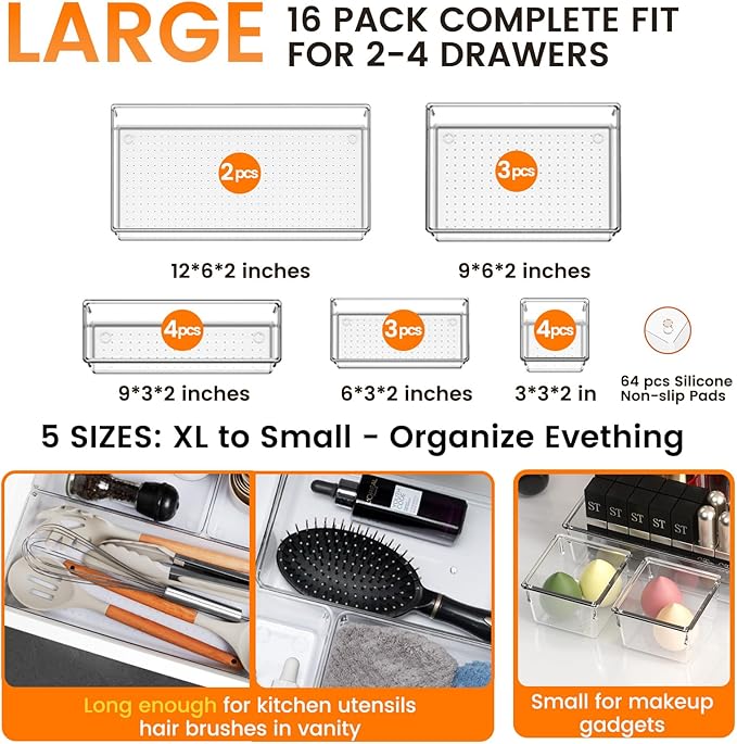 Criusia 16 Pack Large Clear Plastic Drawer Organizer Bins - 5 Size Acrylic Bathroom and Vanity Organizers and Storage Trays for Makeup Office Home, Kitchen Drawer Organizer for Utensils, Gadgets - Image 2