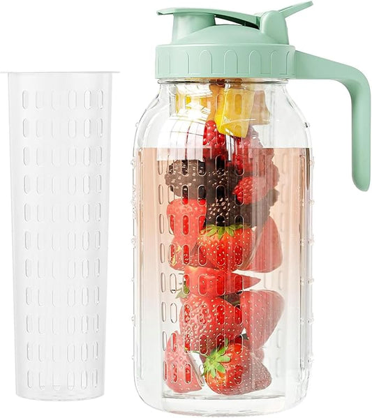 JunVpic Glass Mason Jar Pitcher, 64oz (2 Quart) Wide Mouth Jug with Dual Leak-Proof Pour Spout, Handle Lid for Fruit Drinks, Cold Brew Coffee, Ice Beverage, Iced Juice, Lemonade, Sun Tea Container by Junvpic