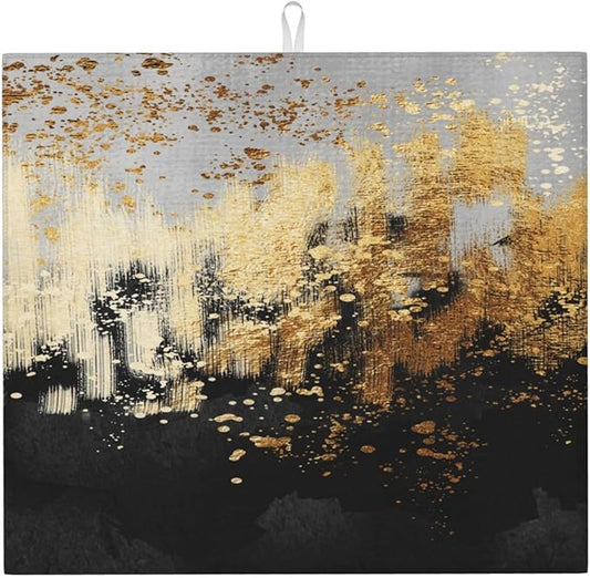 Black Gold Art Splash Dish Drying Mat for Kitchen Counter, Absorbent Microfiber Abstract Modern Drying Pad, 16 x 18 inch, Luxury Decorative Foldable Kitchen Mat for Sink & Coffee Bar, Black Home Decor