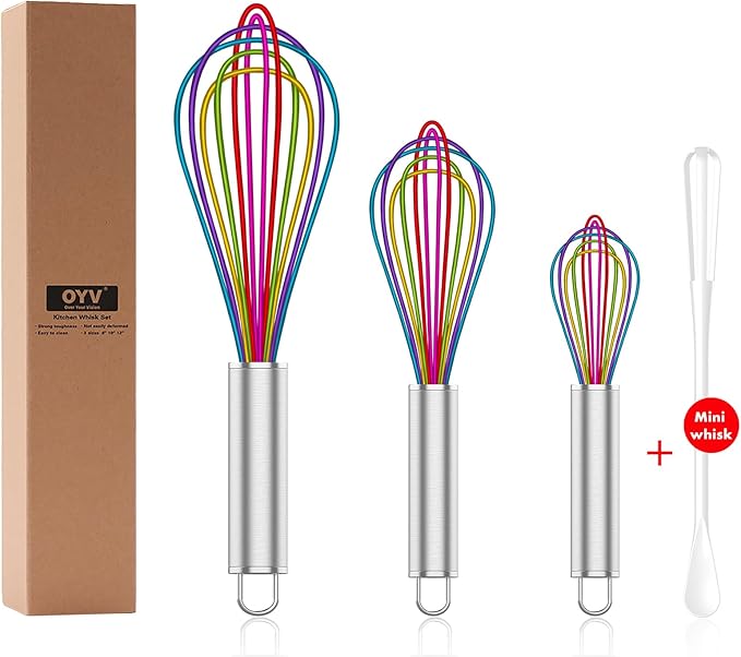 OYV Silicone Whisk,Professional Whisks For Cooking Non Scratch,Stainless Steel & Silicone Wisk,Plastic Rubber Whisk Tool For Nonstick Cookware,Silicon Wisks Set of 3,Rainbow,for Blending,Colorful. by OYV