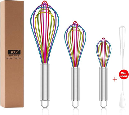 OYV Silicone Whisk,Professional Whisks For Cooking Non Scratch,Stainless Steel & Silicone Wisk,Plastic Rubber Whisk Tool For Nonstick Cookware,Silicon Wisks Set of 3,Rainbow,for Blending,Colorful. by OYV