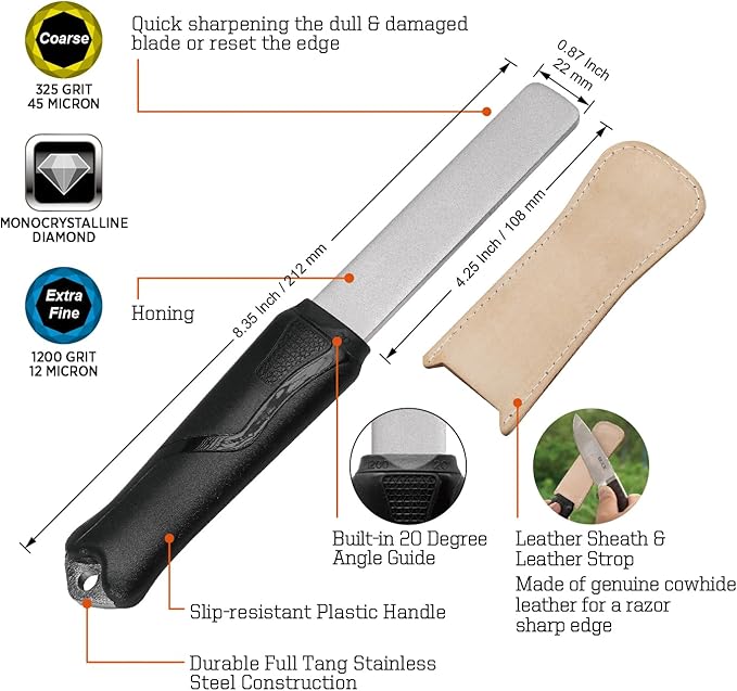SHARPAL 127N Dual-Grit Diamond Sharpening Stone File Garden Tool Knife Sharpener with Leather Strop Coarse 325 / Extra Fine 1200 Grit for Lawn Mower Blade, Axe, Hatchet, Hedge Shears, Chisels, Drills - Image 2