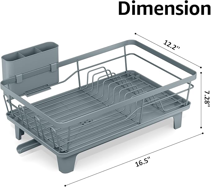 Urackify Dish Drying Rack for Kitchen Counter, Sink Dish Rack with Drainboard, Large Dish Drainer with Cups Holder, Home Countertop Plate Dryer Storage Rack with Cutlery Holder, Blue - Image 2