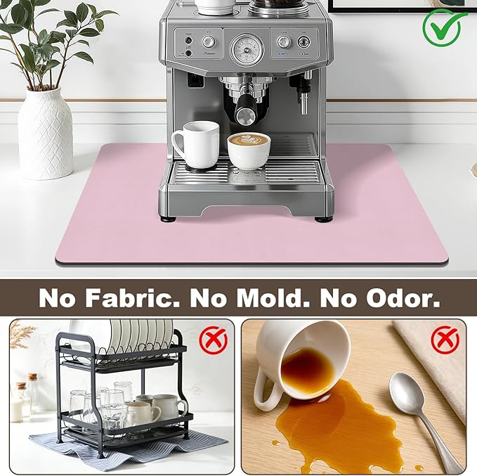 Coffee Mat,Absorbent Dish Drying Mat for Kitchen Counter,Coffee Bar Mat,Non-Slip Rubber Backed,Hide Stains & Quick Dry,for Espresso Machine,Coffee Station,Cups & Sink,12" x 20"(Pink)