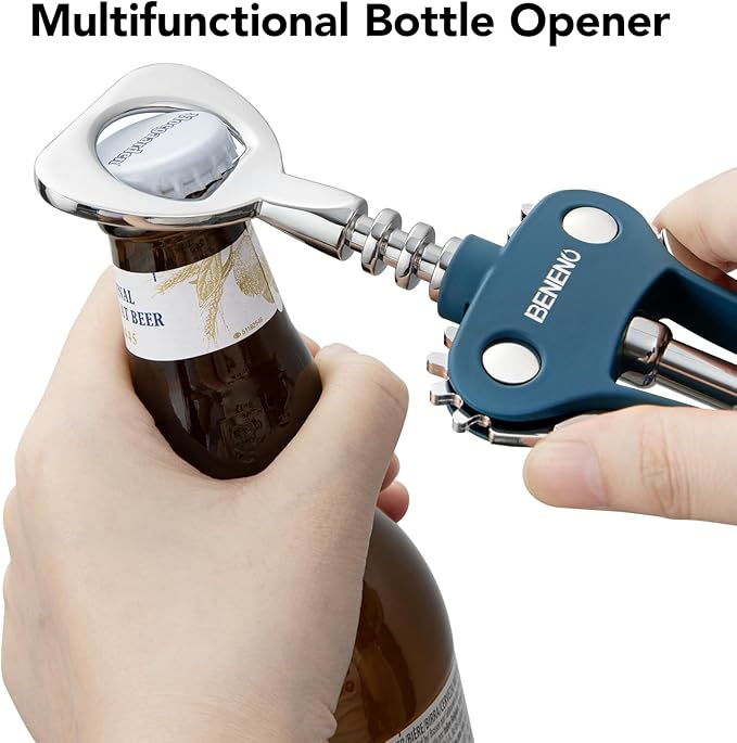 Beneno Wine Opener, Zinc Alloy Premium Wing Corkscrew with Multifunctional Bottles Opener, Sharp Wine Corkscrew with Ergonomic Non-Slip Wing Handle, Blue - Image 3