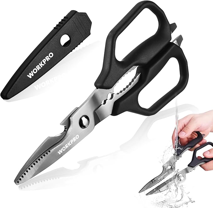 WORKPRO Kitchen Scissors, All Purpose Kitchen Shears with Detachable Stainless Steel Blades, Titanium Coated for Easy Cleaning, Heavy Duty for Meat, Fish, Nuts, Vegetables, Protective Cover Included by WORKPRO
