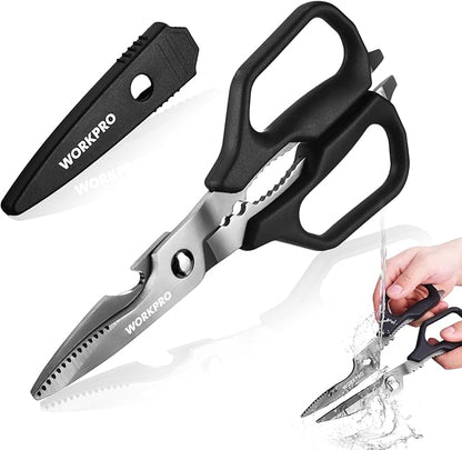 WORKPRO Kitchen Scissors, All Purpose Kitchen Shears with Detachable Stainless Steel Blades, Titanium Coated for Easy Cleaning, Heavy Duty for Meat, Fish, Nuts, Vegetables, Protective Cover Included by WORKPRO