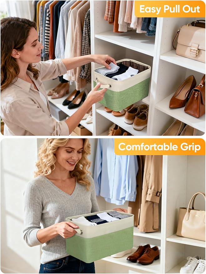 BALEINE 1 Pack Fabric Closet Storage Bins for Shelves, Linen Closet Organizers and Storage, Decorative Baskets for Organizing, Shelf, Clothes, Home, Office (Green, 14''x10''x8.5'')