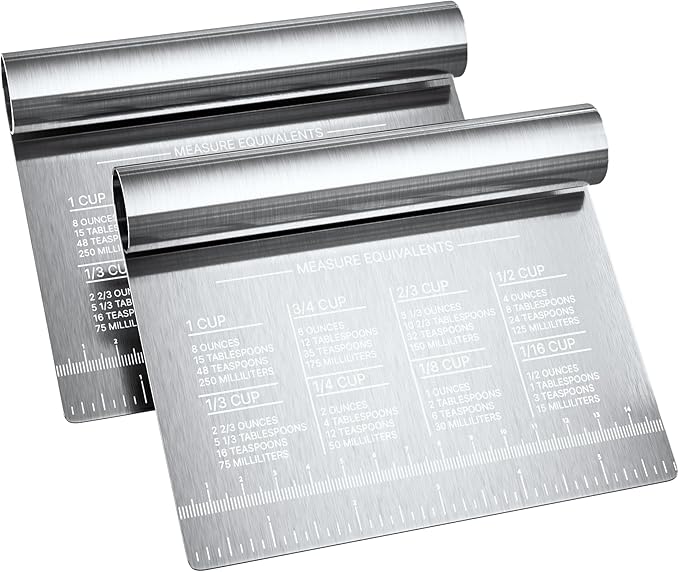 Bench Scraper for Baking, Food Scraper Stainless Steel Blade Dough Cutter with Engraved Measuring Guide & Equivalent Chart, Scraper Tool kitchen Use for Scrapping, Cutting, Chopping, 2 Pack -by RamPro by RamPro