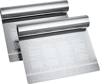 Bench Scraper for Baking, Food Scraper Stainless Steel Blade Dough Cutter with Engraved Measuring Guide & Equivalent Chart, Scraper Tool kitchen Use for Scrapping, Cutting, Chopping, 2 Pack -by RamPro by RamPro