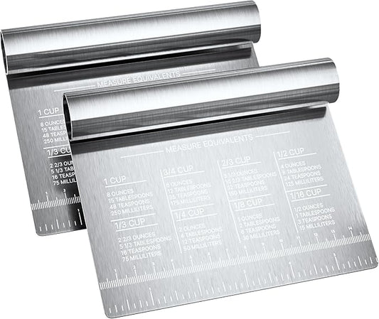 Bench Scraper for Baking, Food Scraper Stainless Steel Blade Dough Cutter with Engraved Measuring Guide & Equivalent Chart, Scraper Tool kitchen Use for Scrapping, Cutting, Chopping, 2 Pack -by RamPro by RamPro