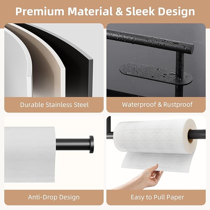 2 Pack Paper Towel Holder, Improved Paper Towel Holder Under Cabinet, Stainless Steel Paper Towel Holders Bar Rack with Self Adhesive and Screws for Kitchen, Bathroom, RV, Black - Image 5