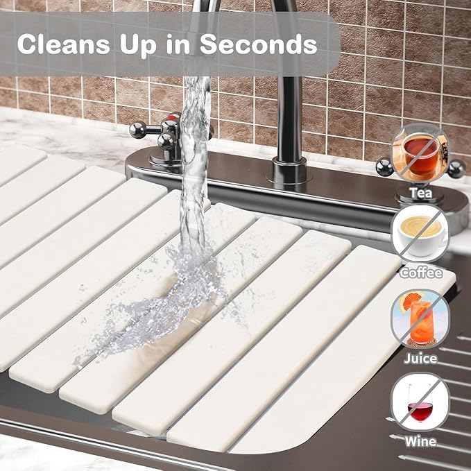 Large Stone Dish Drying Mat for Kitchen Counter, 24"(L)×16"(W), Collapsible Quick Drying Mat, Absorbent Eco-Friendly Diatomaceous Earth Mats for Dishes Bottles, Match Any Countertop - White - Image 7