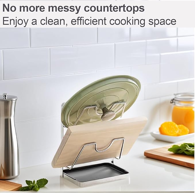 Space-Saving 304 Stainless Steel Pot Lid Holder While Cooking, Double-Layer Kitchen Pot Lid Storage Rack with Removable Drip Tray, Countertop Vertical pan lid organizer for pots and pans(Silver)