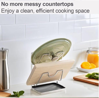 Space-Saving 304 Stainless Steel Pot Lid Holder While Cooking, Double-Layer Kitchen Pot Lid Storage Rack with Removable Drip Tray, Countertop Vertical pan lid organizer for pots and pans(Silver)