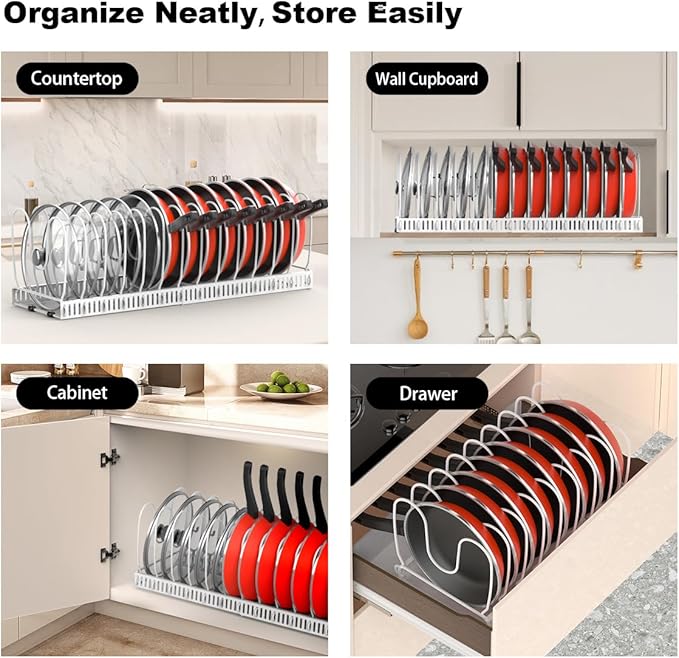 Housolution 2 Pack Pot and Pan Organizer, 12"-23" Expandable Pot Lid Organizer with 14 Adjustable Dividers, Pan Lid Holder Storage Rack for Cabinet, White - Image 6