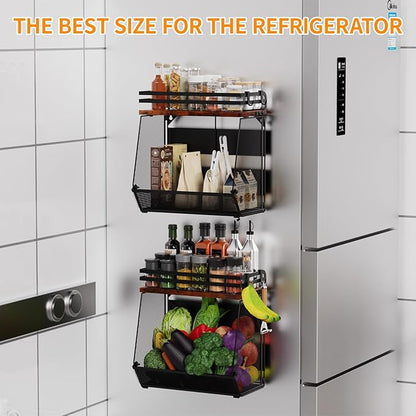 Magnetic Shelf for Fridge with Wood Lid - Magnetic Spice Rack for Refrigerator， Mesh Design Large Shelf Basket, Shelves for Kitchen Pantry Storage Organizer for Food Fruit Veg (1Pack)