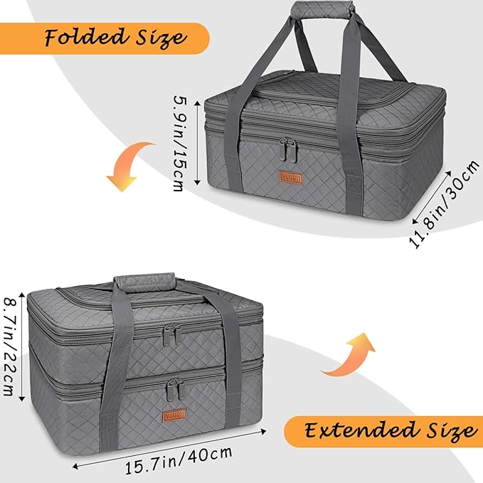 Quilted Double Decker Casserole Carrier - Expandable Dish Carrying Case for Hot or Cold Food, Lasagna Holder for Potluck Parties, Picnic, Beach, Fits 9"×13" Baking Dish (Grey)