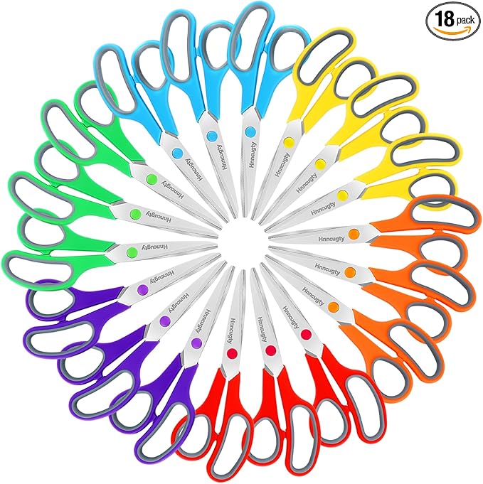 Scissors, Hnncugty 8" Scissors All Purpose Bulk Set of 18-Pack, Sharp Shears for Office Home Craft Sewing Fabric, High/Middle School Supplies Student Teacher Supplies, Comfort Grip Right/Left Handed by Hnncugty