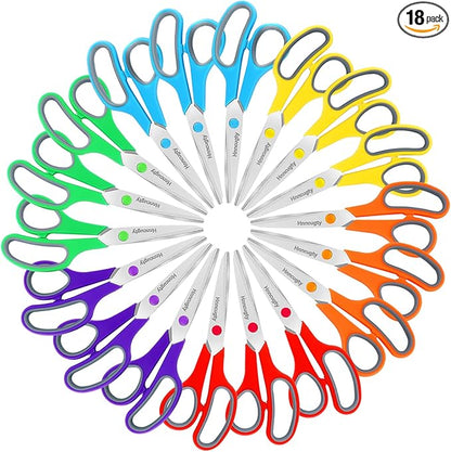 Scissors, Hnncugty 8" Scissors All Purpose Bulk Set of 18-Pack, Sharp Shears for Office Home Craft Sewing Fabric, High/Middle School Supplies Student Teacher Supplies, Comfort Grip Right/Left Handed by Hnncugty