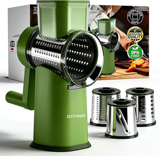 Rotary Cheese Grater Hand Crank with Foldable Handle, 3 Stainless Steel Blades, Perfect Graters for Kitchen, Manual Cheese Shredder Hand Crank with Suction Base, Rotary Grader, Green (Green)