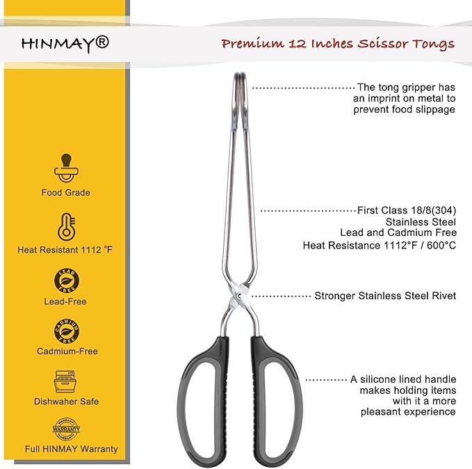 HINMAY Scissor Tongs with Comfort-Grip Handle 12-Inch Cooking Tongs (Black Handle) - Image 2