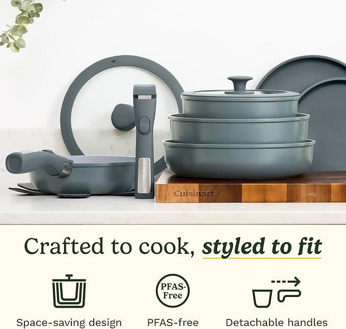 Cuisinart 13-Pc, ClickSmart Nonstick Detachable Handle Ceramic Cookware, Pots and Pans Set, Stackable Space-Saving Design, Compatible with All Stovetops, Induction & Oven Safe, PURELYCERAMIC - Image 2