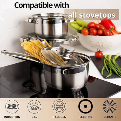 Daniks Standard 2 Quart Stainless Steel Stock Pot with Glass Lid, Tri-Ply Bottom for Even Heating, Induction Compatible, Dishwasher Safe, Built-In Measuring Scale, Silver