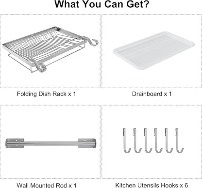 TQVAI Over Sink Dish Drainer Drying Rack, Stainless Steel Foldable Wall Mounted Dish Racks with Drainboard Hanging Rod and Sponge Holder, Silver - Image 9