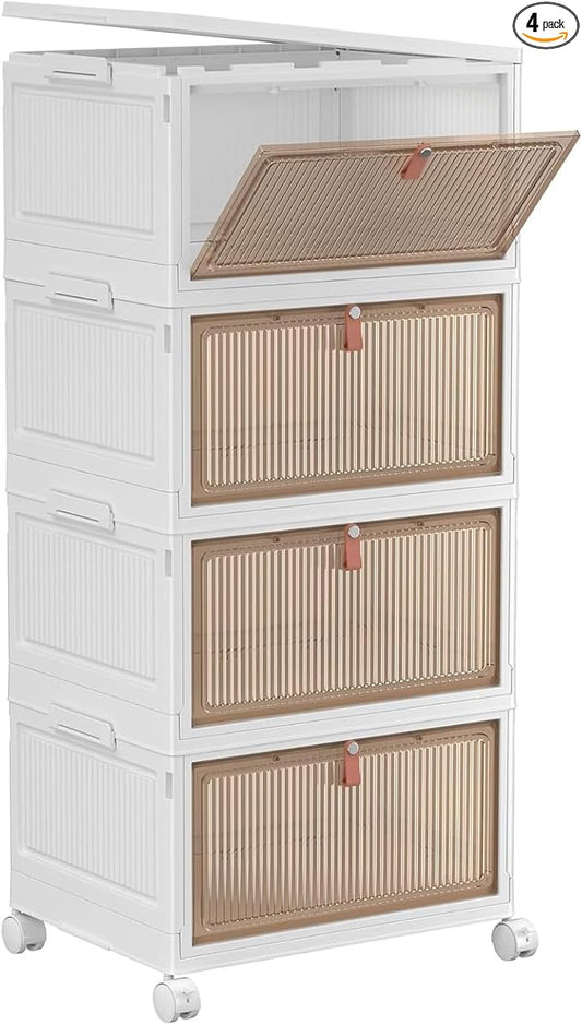 YFXCVSL 4 Tier Plastic Storage Bins with Lid 28QT - Stackable Storage Containers with Wheels, Folding Storage Boxes, Collapsible Storage Bins, Closet Organizers and Storage by YFXCVSL