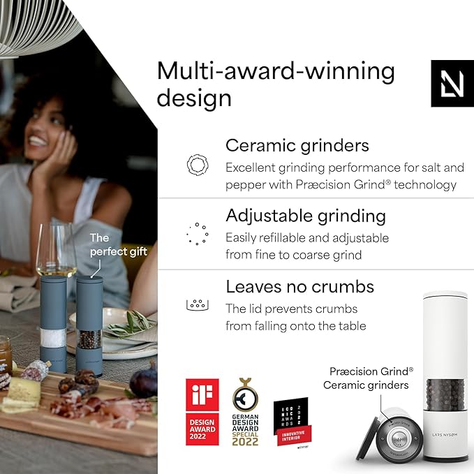 LARS NYSØM Salt and Pepper Grinder Set Manual, Stainless Steel Salt and Pepper Mills with Adjustable Ceramic Grinder I Design Spice Shakers (Pure White) - Image 2