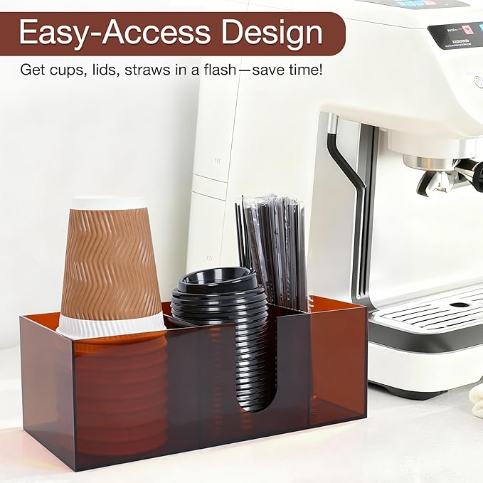 Acrylic Coffee Cup Holder for Countertop, 3 Slots Acrylic Coffee Bar Accessories and Organizer Anti Slip Waterproof, Coffee Station Organizer for Cup Lid Straw, Amber Coffee Color