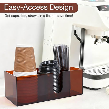 Acrylic Coffee Cup Holder for Countertop, 3 Slots Acrylic Coffee Bar Accessories and Organizer Anti Slip Waterproof, Coffee Station Organizer for Cup Lid Straw, Amber Coffee Color