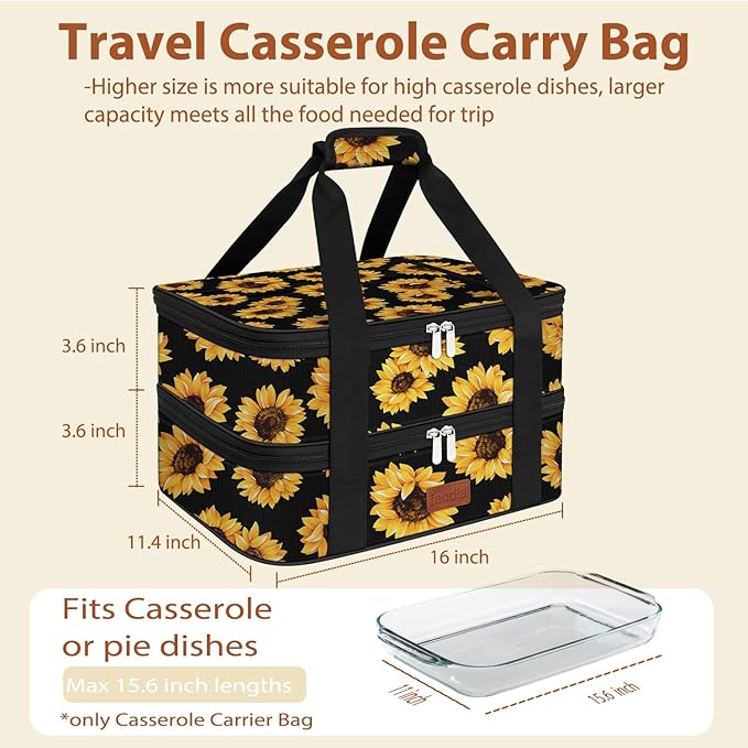 Double Casserole Carrier Bag，Expandable Thermal Food Carrier Insulated Travel Carry Bag for Hot or Cold Food for Picnic Cookouts Potluck Parties Fits 9" x 13" Baking Dish (Sunflower)