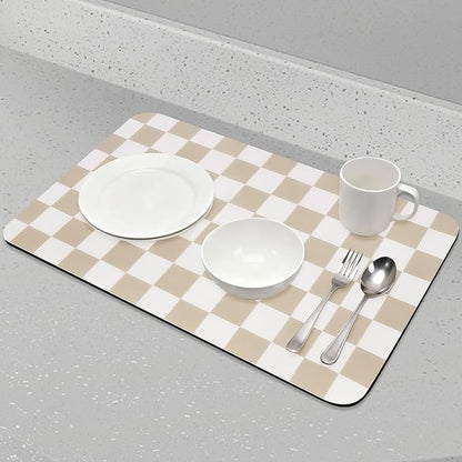 CooRug Checkered Dish Drying Mat for Kitchen Counter, Absorbent Non-Slip Coffee Mat, Heat Resistant Mat for Countertops Coffee Bar Decor 17" x 32" Khaki - Image 5